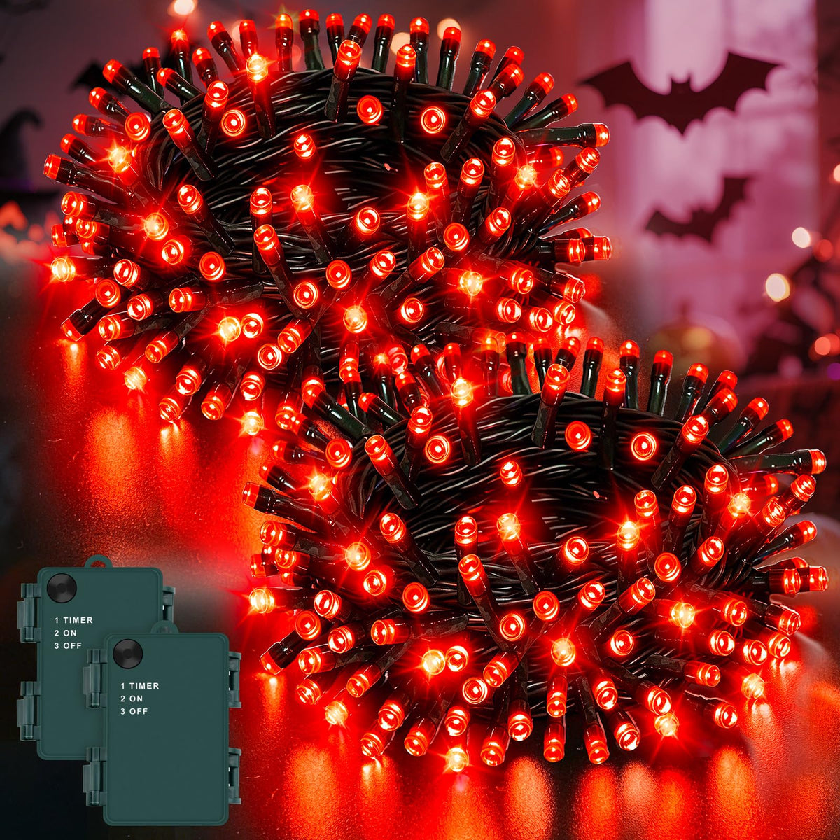 Dalugo 2 Stück Lichterkette Orange, 5M 50 LED Kabel grün mit 6h Timer, IP65 Wasserdicht Batterie für Innen außen dekorationen