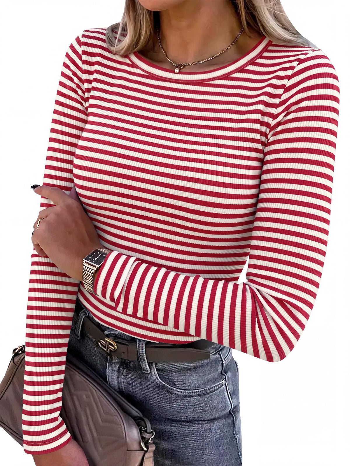 ANRABESS Women Long Sleeve Shirts Ribbed Fitted Tops