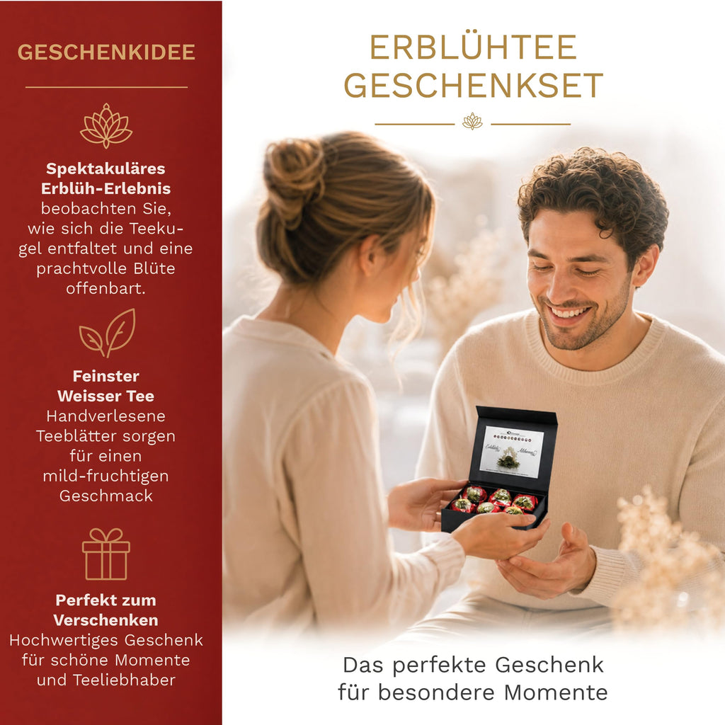 Creano 6 Teeblumen Geschenkbox weißer, schwarzer & grüner Tee in edler Magnetbox mit Silberprägung - 6 verschiedene Sorten - Geschenk zu Weihnachten