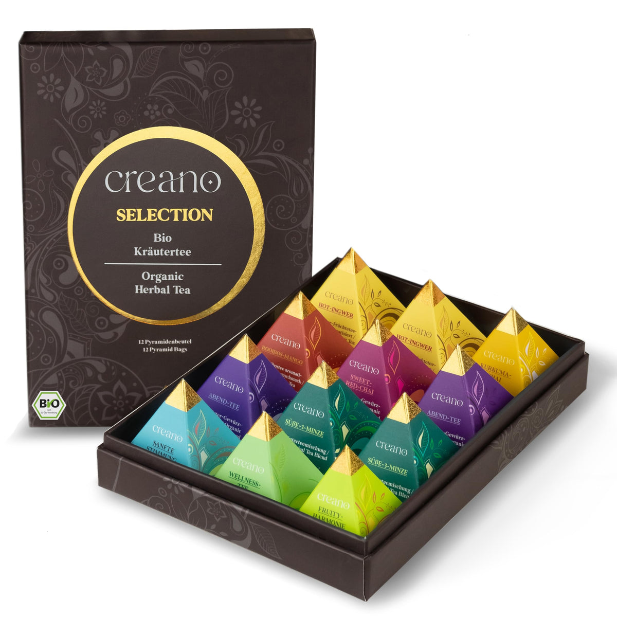 Creano Premium Bio Kräutertee Geschenkset „ORGANIC HERBAL TEA“ - 9 Pyramiden-Teebeutel in 9 unterschiedlichen Sorten - 22,5g - NEUHEIT 2024*