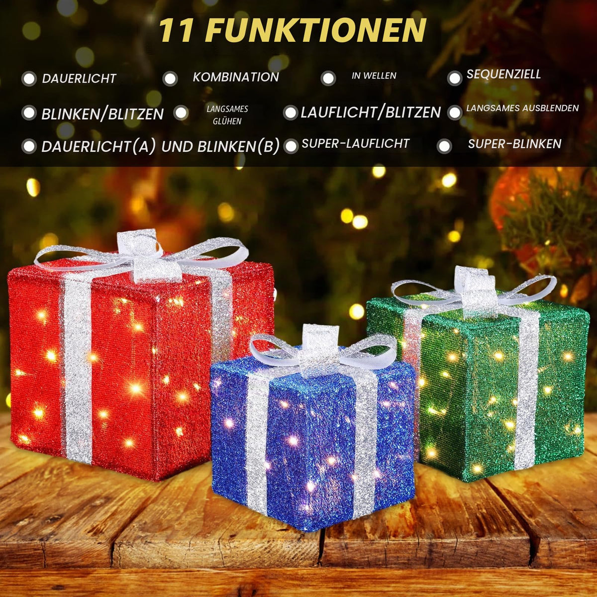 Quntis 3 Set LED Geschenkbox Weihnachtsdeko Innen Aussen 60 warmweiße LEDs
