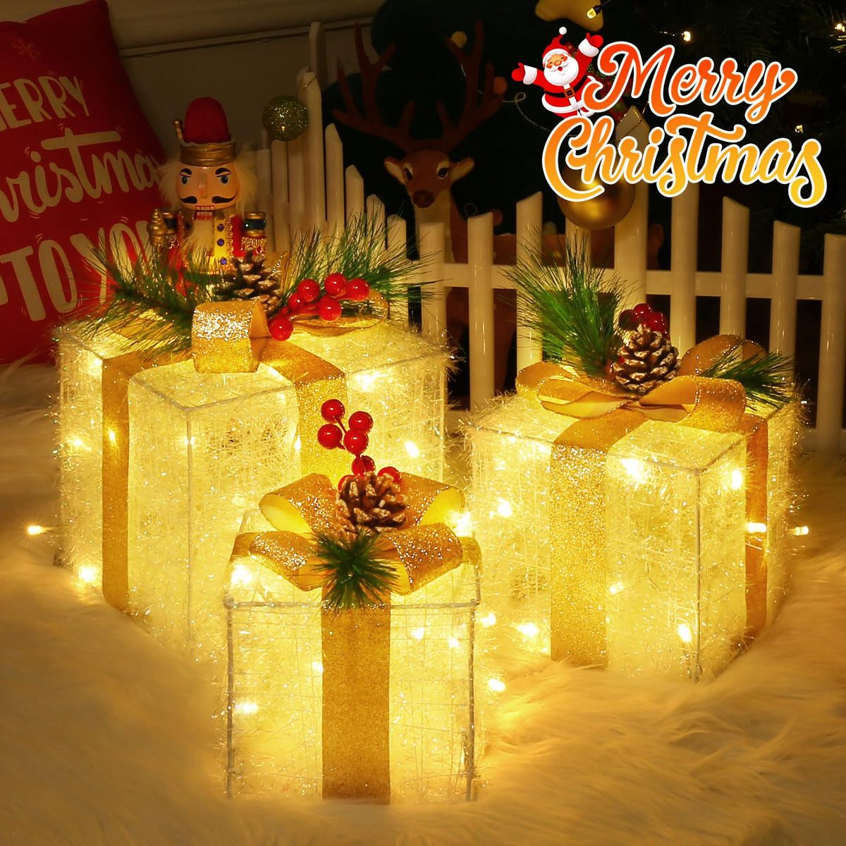 Quntis 3 Set LED Geschenkbox Weihnachtsdeko Innen Aussen 60 warmweiße LEDs