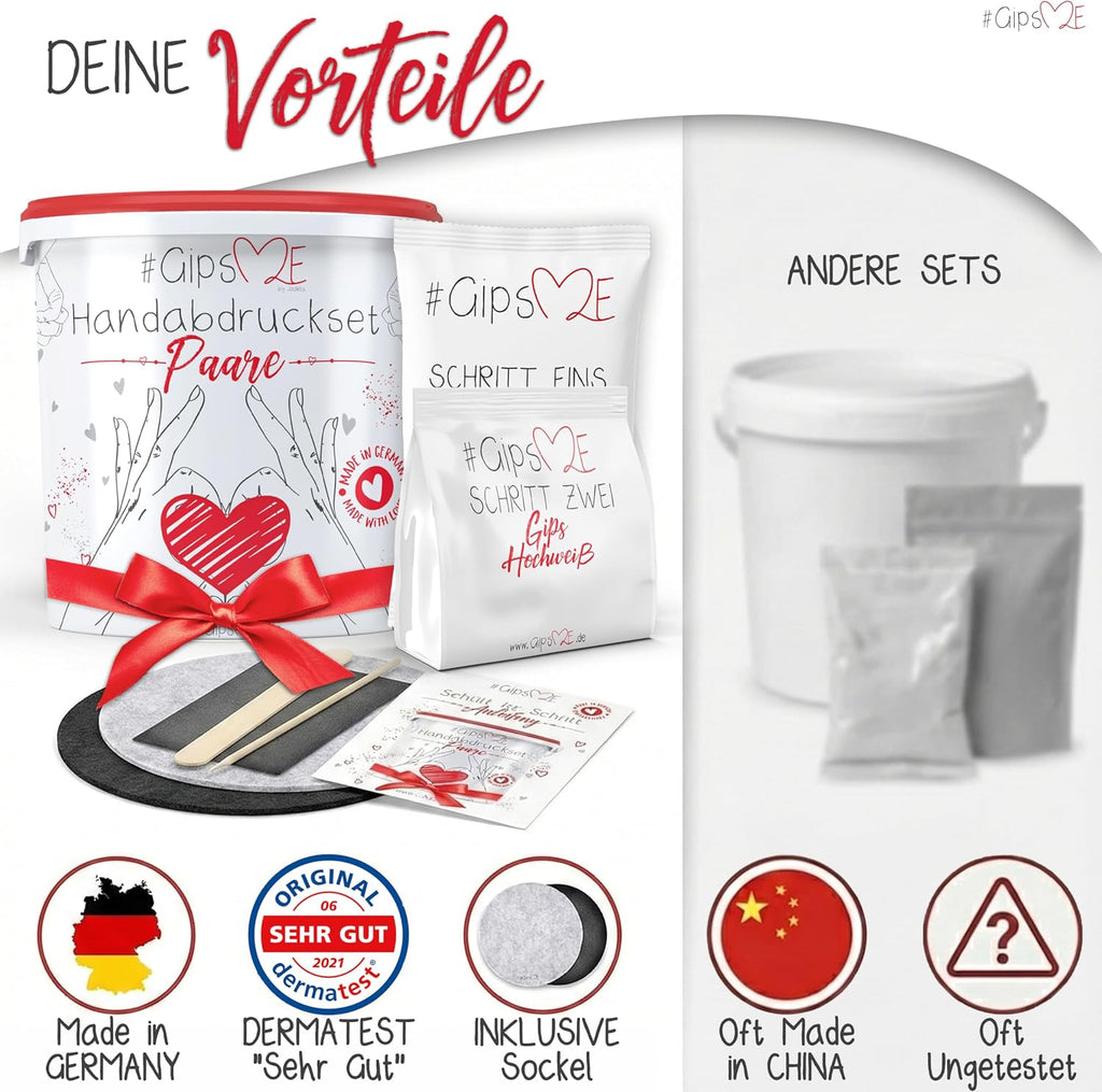 GipsME – DAS ORIGINAL - 3D Handabdruck Set für Paare – Gipsabdruck Hände - Partner und Pärchen Geschenke für Frauen und Männer für Valentinstag, Hochzeitstag, Jahrestag Geschenk für Sie und Ihn