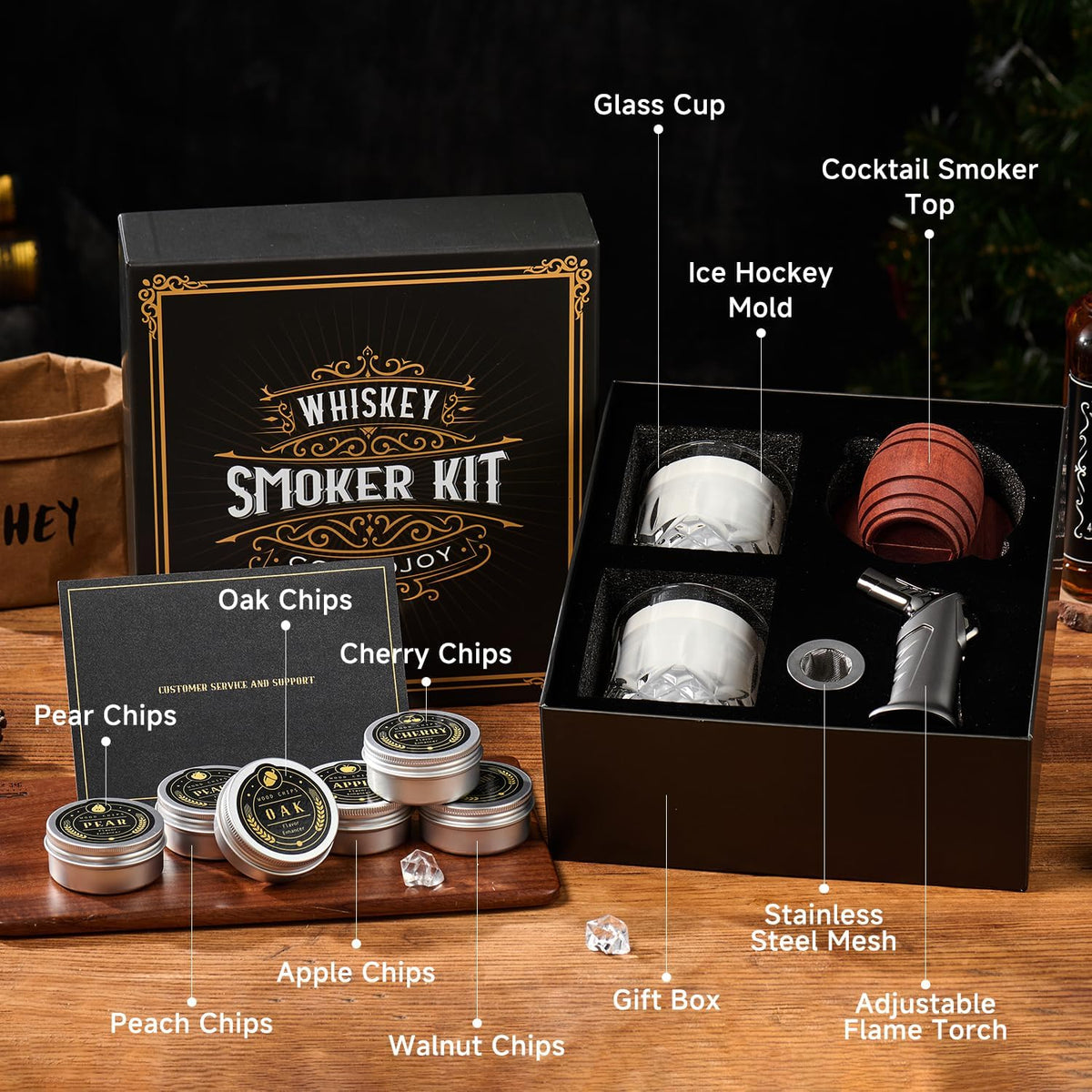Whiskey Smoker Kit with Torch,6 Flavors Wood Chips, 2 Glasses, 2 Ice Ball Molds,Cocktail Smoker Infuser Kit, Old Fashioned Drink Smoker Kit, Husband , Boyfriend (Without Butan)
