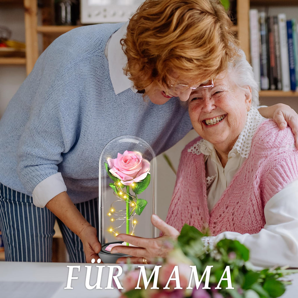 BOLEi Geschenke für Frauen,Ewige Rose im Glas mit LED(Klassisch Rot Rose)