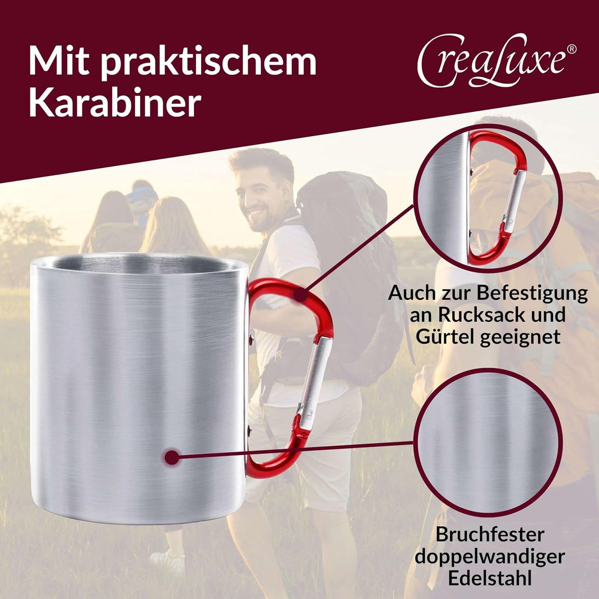 Crealuxe Edelstahltasse mit Karabiner - Die besten Feuerwehrmänner heißen Wunschname - 330ml, Tasse personalisiert, Kaffeetasse, Bürotasse, Metalltasse mit Name