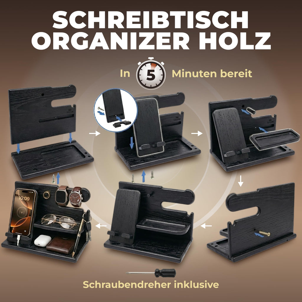 TESLYAR Organizer Schreibtisch Holz Handy Ladestation Männergeschenke Papa