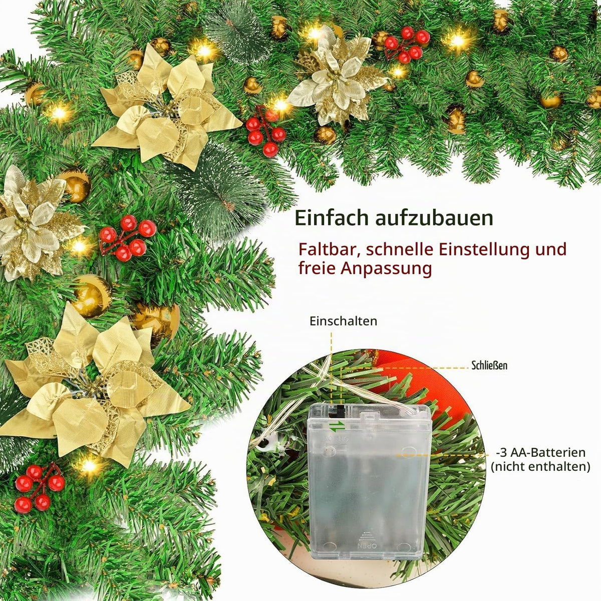 Weihnachtsgirlande mit Beleuchtung - Weihnachtsgirlande - 270cm Weihnachtsgirlande Weihnachtskranz Tannengirlande Weihnachtsdeko Beleuchtet Künstlich Weihnachten Dekoration