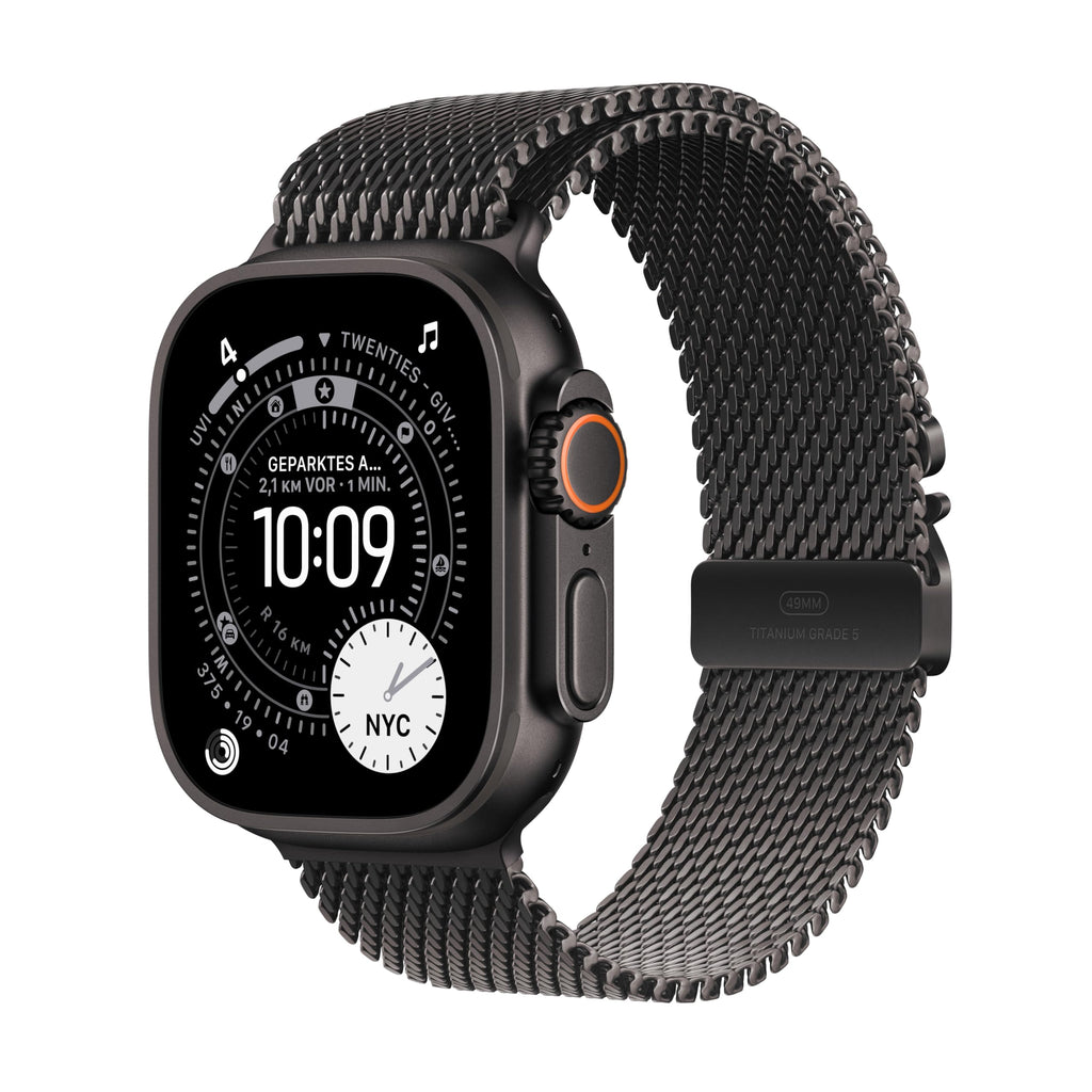 Apple Watch Ultra 3 GPS + Cellular 49 mm Premium Smartwatch für Lauftraining und Kombinationssport mit robustem Titangehäuse in Schwarz und Trail Loop in Schwarz/Kohlegrau (M/L)