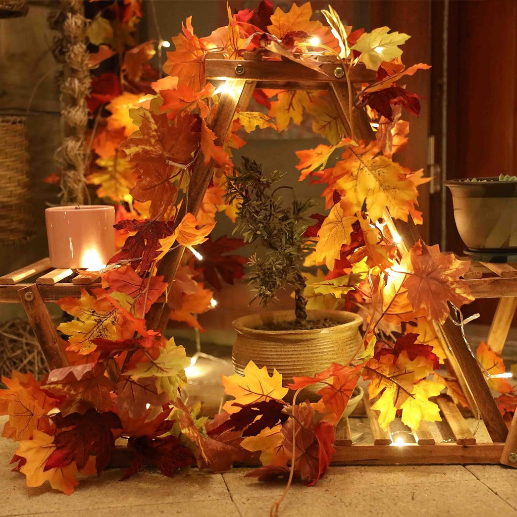 KASZOO 2 Stück Ahornblätter Herbstgirlande Mit 40 LEDs - 176cm/Stück Herbstblätter Girlande,Girlande Herbst Für Zuhause, Garten, Hochzeit, Kamin, Party Weihnachtsdekoration