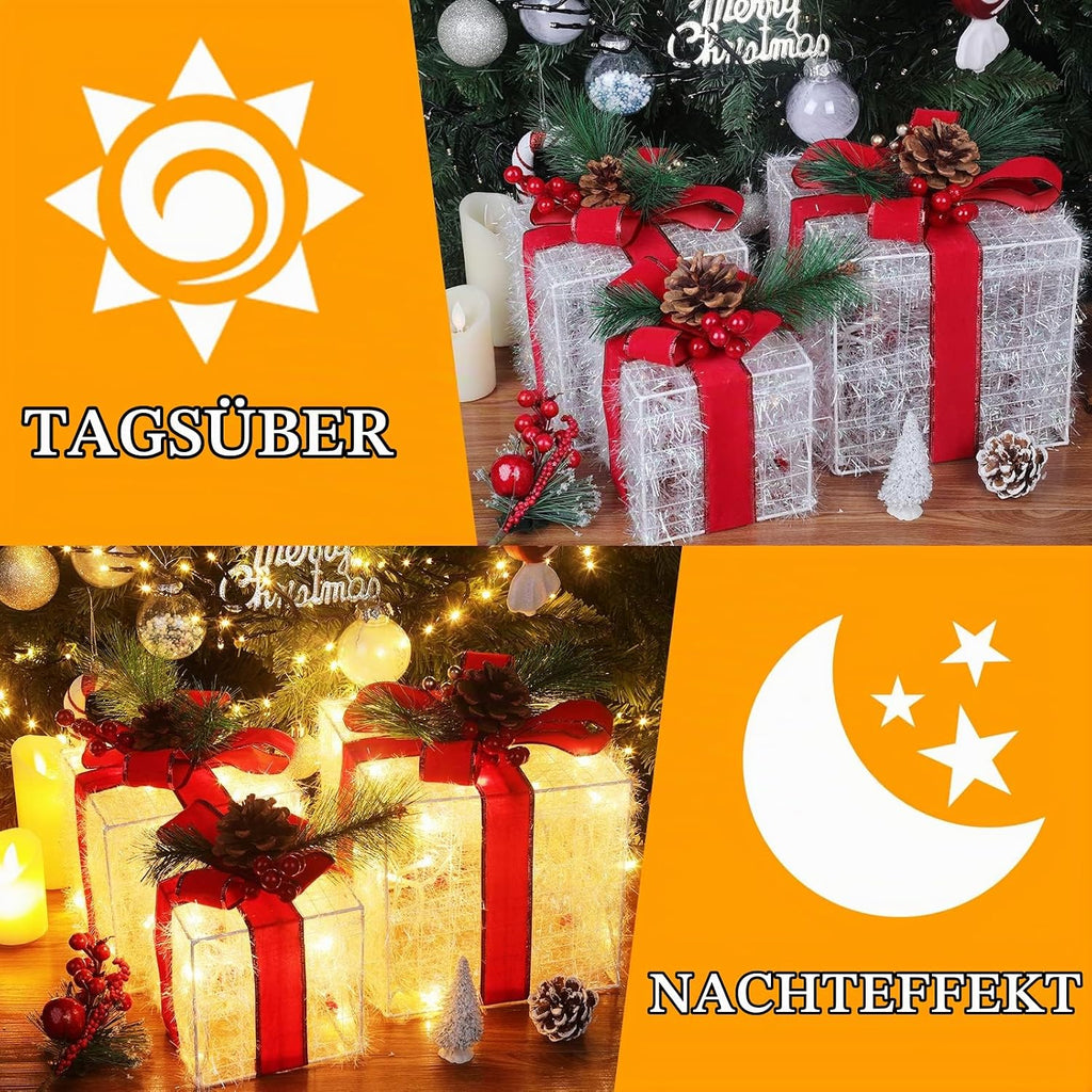 Quntis 3 Set LED Geschenkbox Weihnachtsdeko Innen Aussen 60 warmweiße LEDs