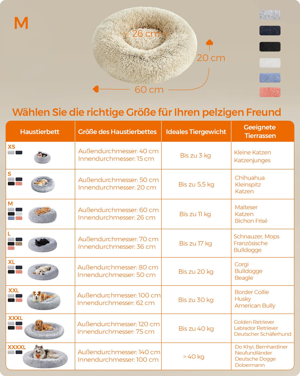 Feandrea Hundebett flauschig, waschbar, Langer Plüsch, 70 cm Durchmesser