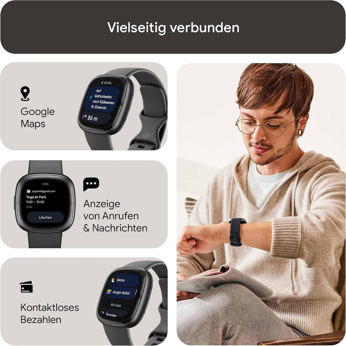 Google Fitbit Sense 2 – Smartwatch Damen / Herren – Fitnessuhr mit integriertem GPS und Telefonfunktion – Fitness-Tracking mit Stressmanagement, EKG und Schlafanalyse – kompatibel mit Android/iOS