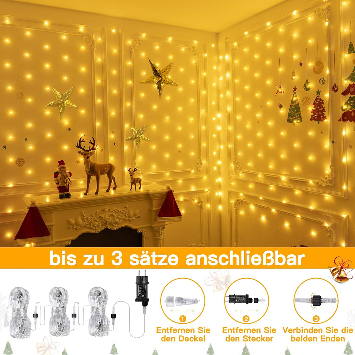 Ollny Lichternetz Außen 3x2m, 200 LED Warmweiß mit 8 Modi, Timer, IP67