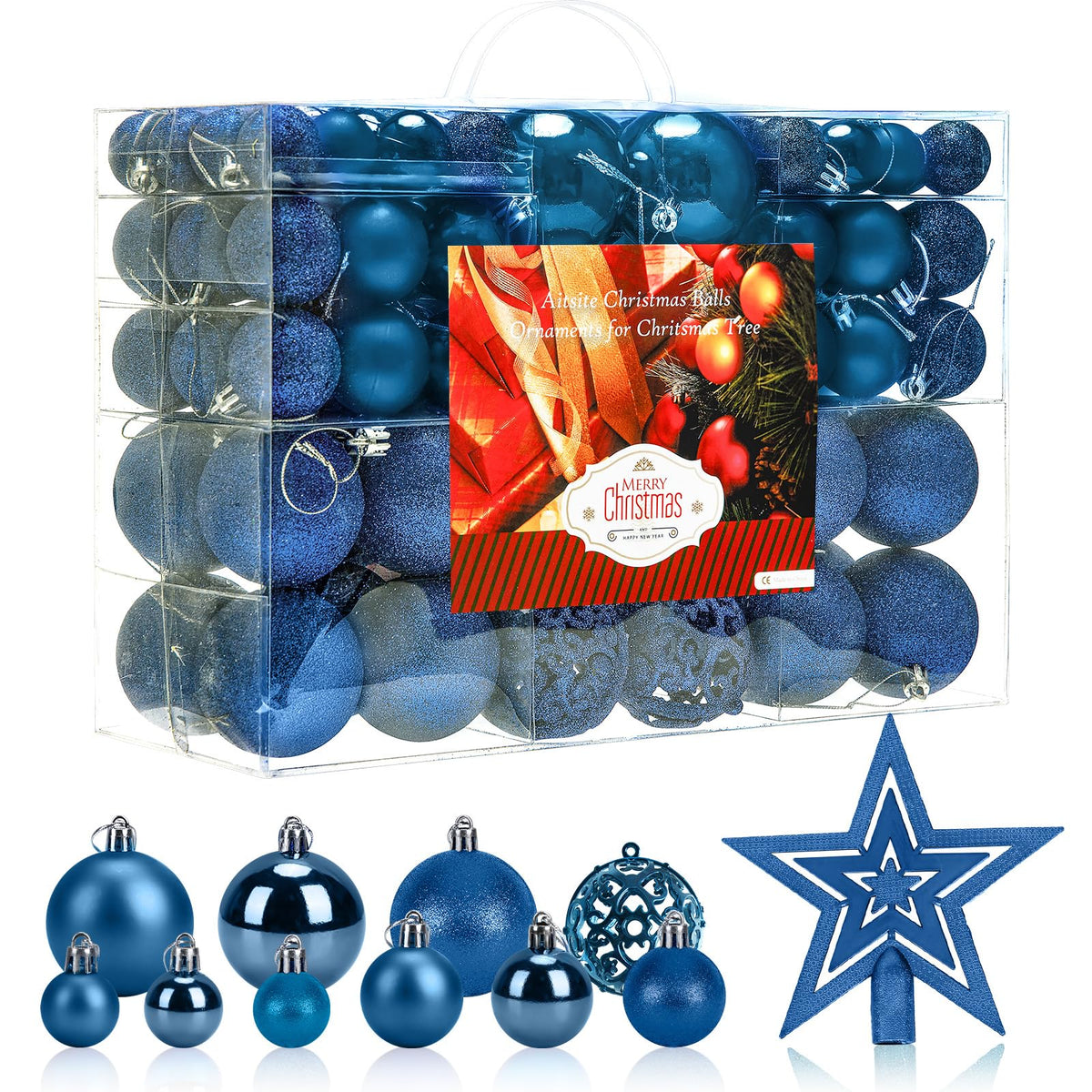 Aitsite 101 Stück Christbaumkugeln Blau Weihnachtskugeln 6CM/4 cm/2 cm Kunststoff Christbaumschmuck Wandbehang Ornamente Weihnachtsbaum Kugeln Flitter Tür Dekorationen Festival Dekore