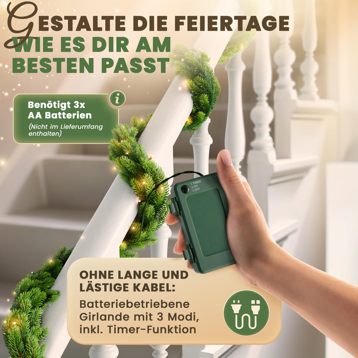 ArtiTree Weihnachtsgirlande - Naturgetreue Tannengirlande, 270cm Grün, Perfekt für Weihnachtsdeko, Treppengeländer & Türrahmen