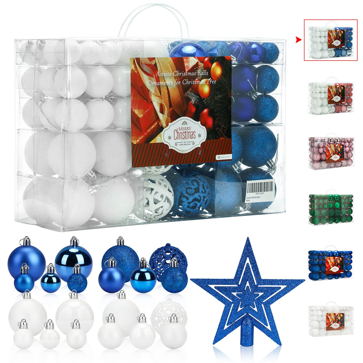 Aitsite 101 Stück Christbaumkugeln Blau Weihnachtskugeln 6CM/4 cm/2 cm Kunststoff Christbaumschmuck Wandbehang Ornamente Weihnachtsbaum Kugeln Flitter Tür Dekorationen Festival Dekore