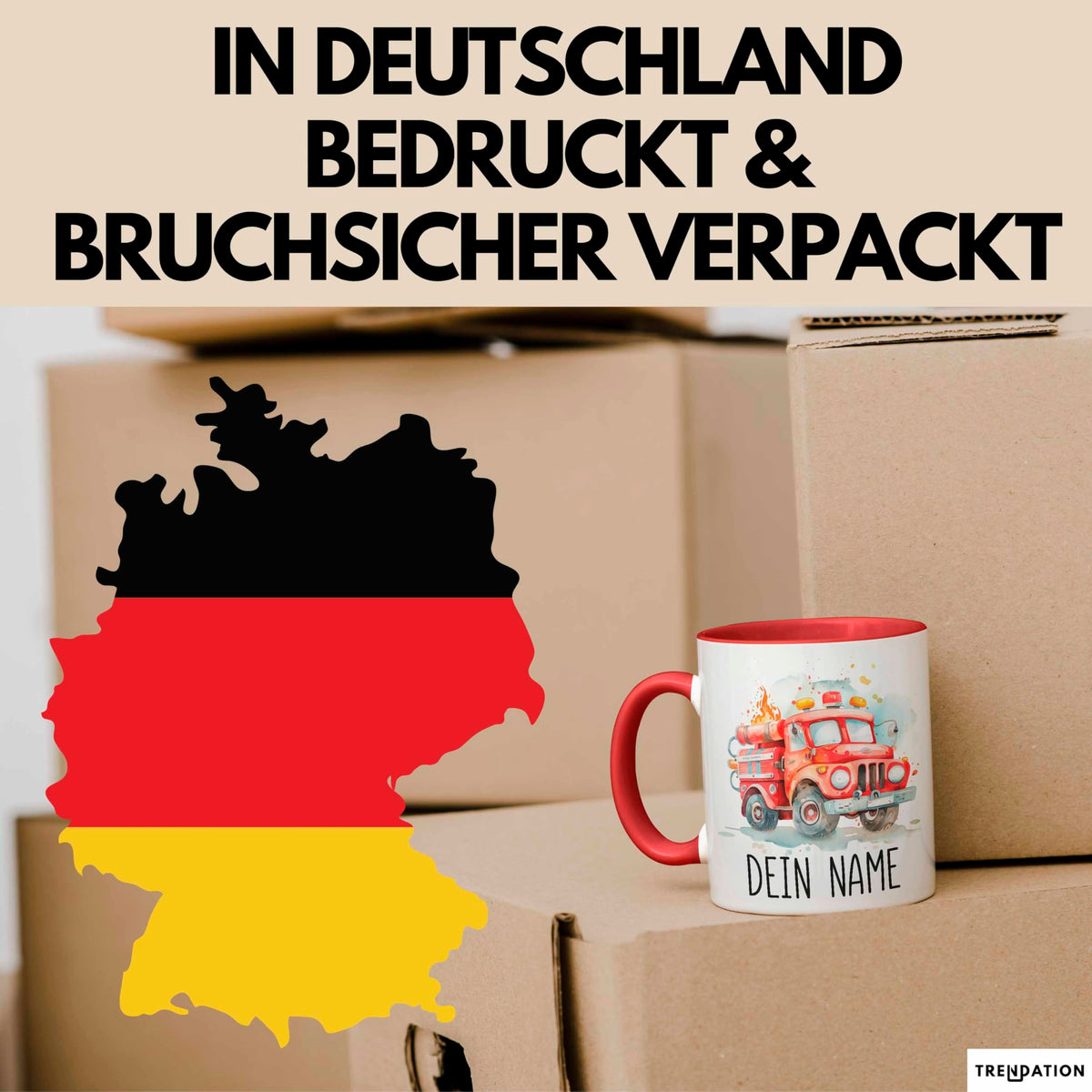 Feuerwehr Auto Tasse mit Namen – Personalisierte Tasse Geburtstag Geschenkidee süßes Feuerwehr Automotiv Namenstasse (Schwarz)