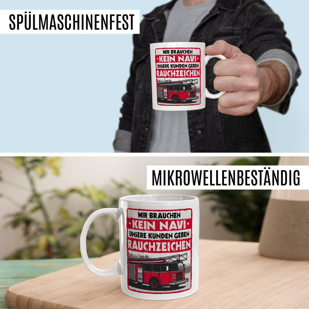 Feuerwehr Tasse Rauchzeichen Geschenkidee Witz Kaffeetasse mit lustigen Spruch Geschenk für Feuerwehrmann Kaffeebecher Feuerwehrauto Becher (Weiß & Rot)