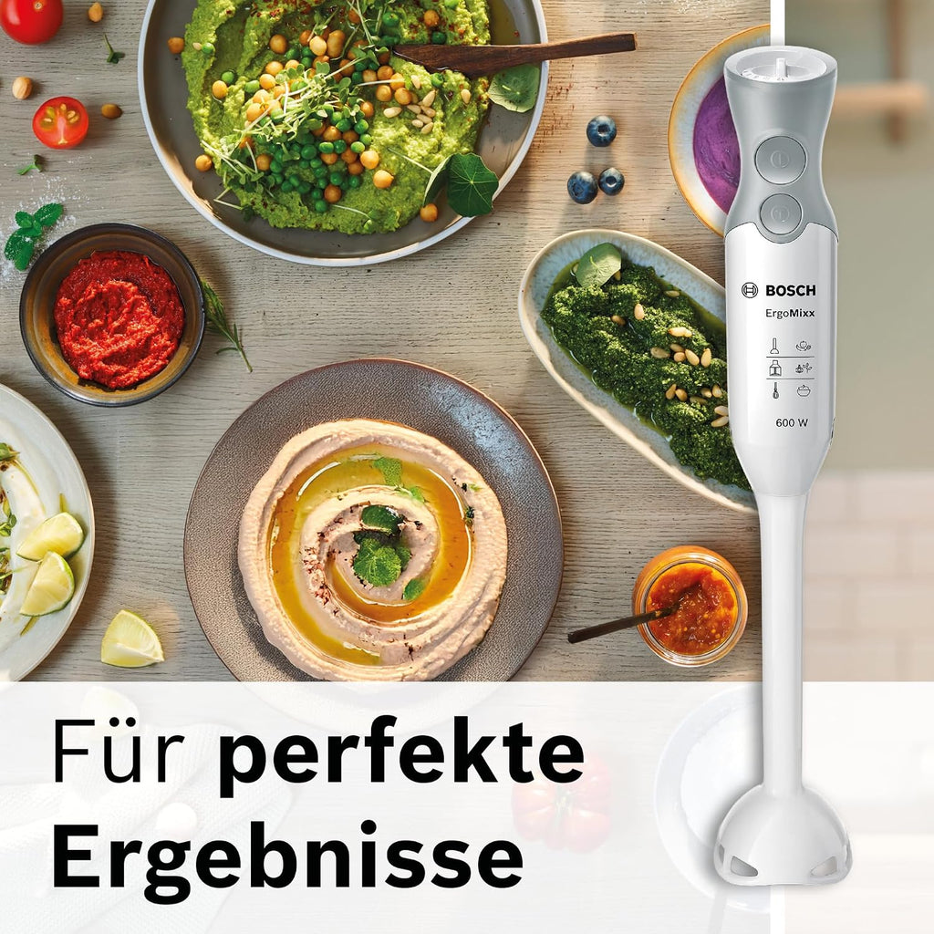 Bosch Stabmixer ErgoMixx, abnehmbarer Mixfuß, mit Mixbecher, 4-Klingen-Messer, Zerkleinerer, ergonomisches Design, 12 Stufen plus Turbo, 600 W, weiß/grau, MSM66020
