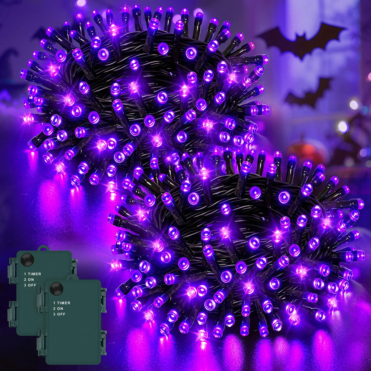 Dalugo 2 Stück Lichterkette Orange, 5M 50 LED Kabel grün mit 6h Timer, IP65 Wasserdicht Batterie für Innen außen dekorationen