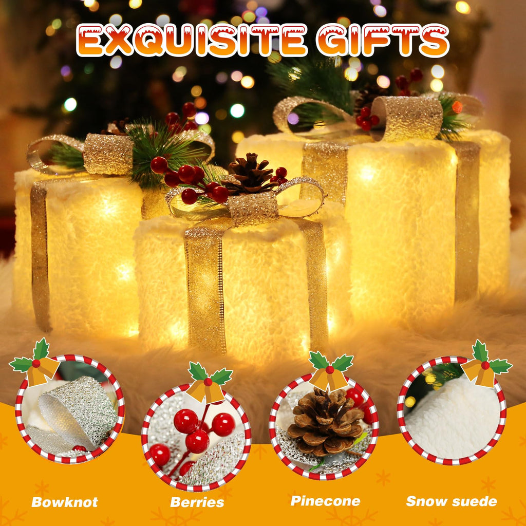 Quntis 3 Set LED Geschenkbox Weihnachtsdeko Innen Aussen 60 warmweiße LEDs