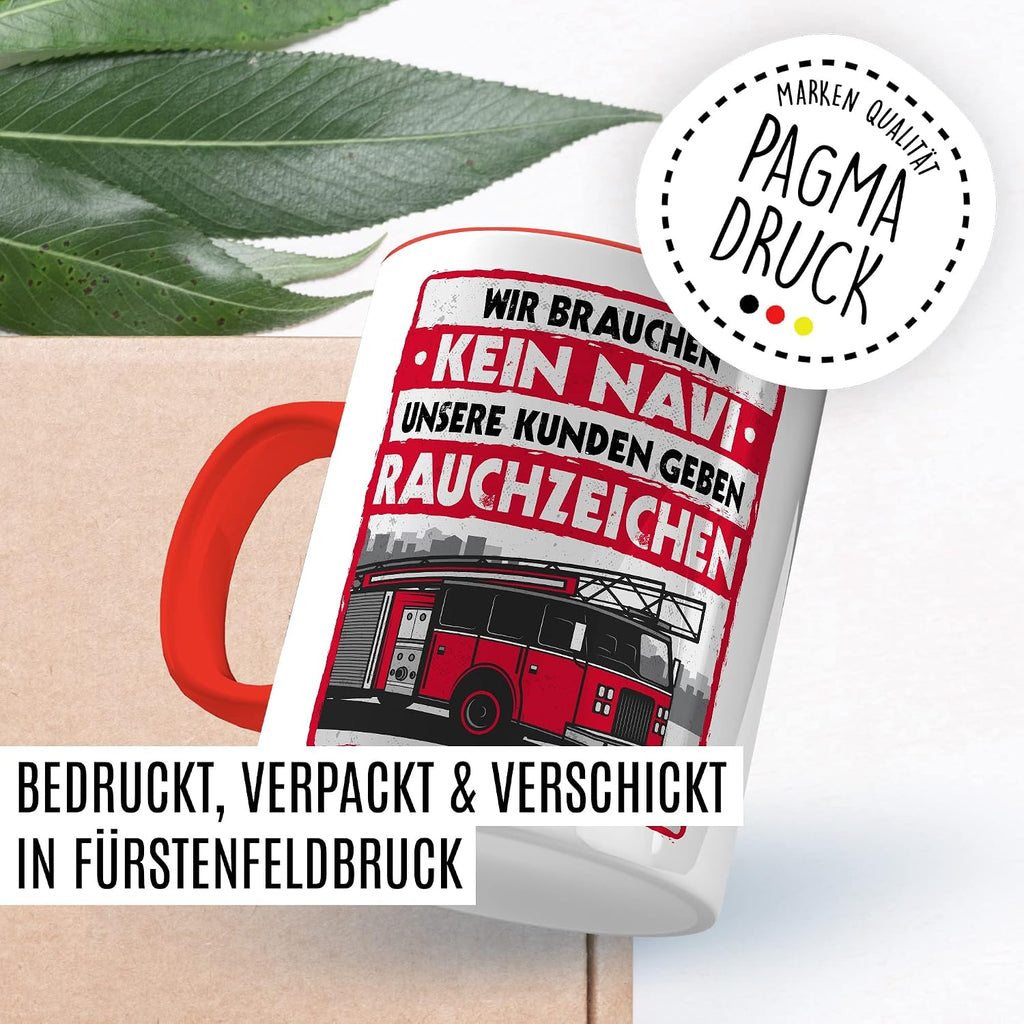 Feuerwehr Tasse Rauchzeichen Geschenkidee Witz Kaffeetasse mit lustigen Spruch Geschenk für Feuerwehrmann Kaffeebecher Feuerwehrauto Becher (Weiß & Rot)