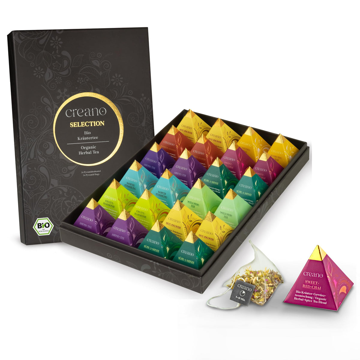 Creano Premium Bio Kräutertee Geschenkset „ORGANIC HERBAL TEA“ - 9 Pyramiden-Teebeutel in 9 unterschiedlichen Sorten - 22,5g - NEUHEIT 2024*