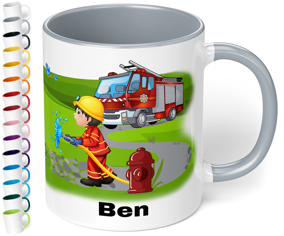 Tasse mit Namen für Kinder Feuerwehrmann – Kindertasse personalisiert – Feuerwehr Kinderbecher Trinkbecher für Jungen und Mädchen - rundum bedruckt – Geschenk zu Weihnachten, Geburtstag (Rot)