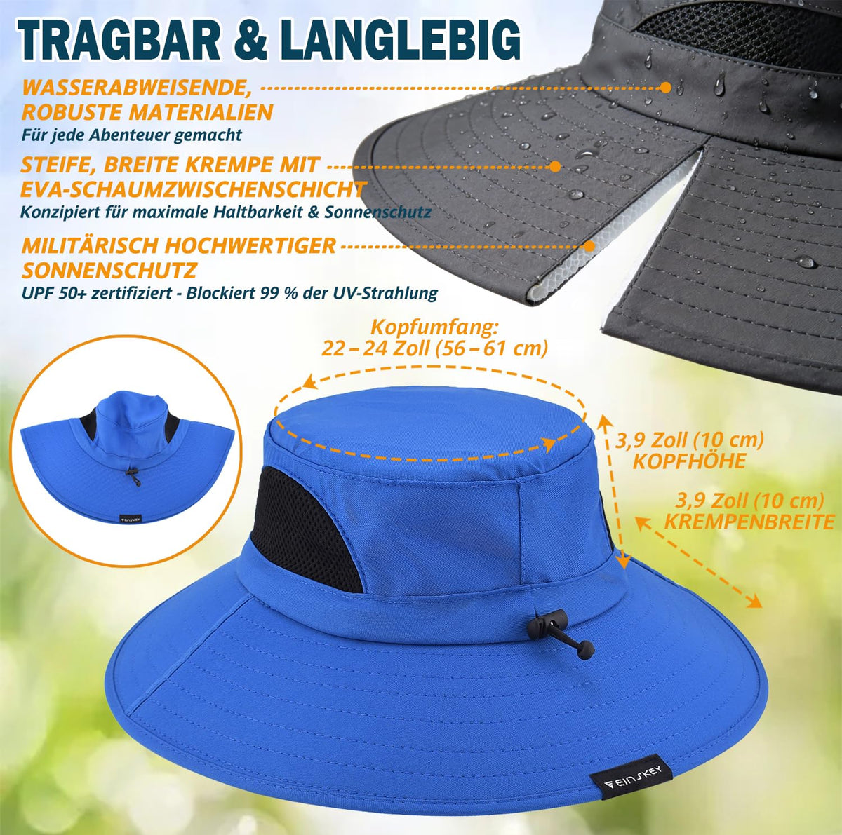 EINSKEY Breitkrempe Sonnenhut, wasserdichter Buschhut für Damen und Herren