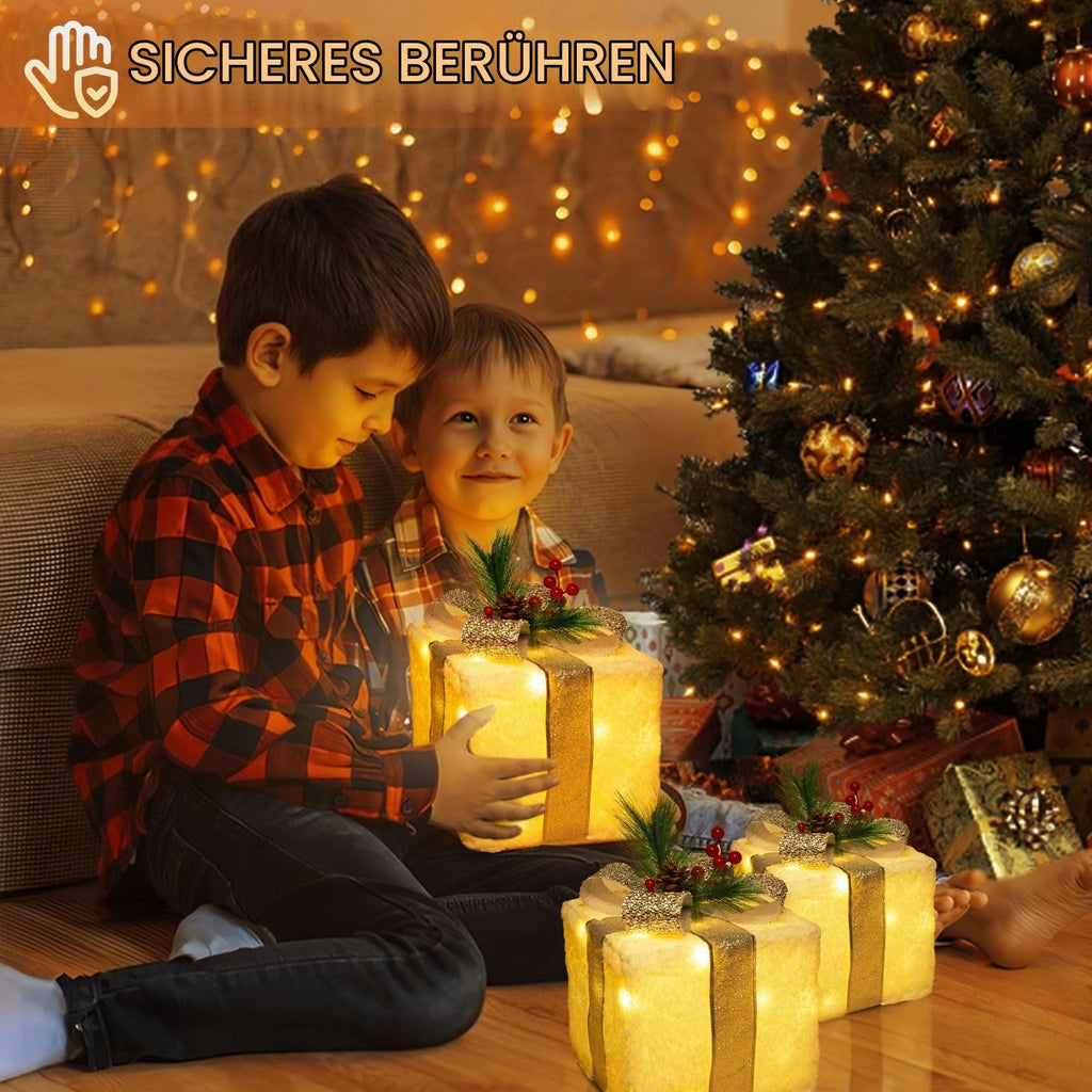 Quntis 3 Set LED Geschenkbox Weihnachtsdeko Innen Aussen 60 warmweiße LEDs