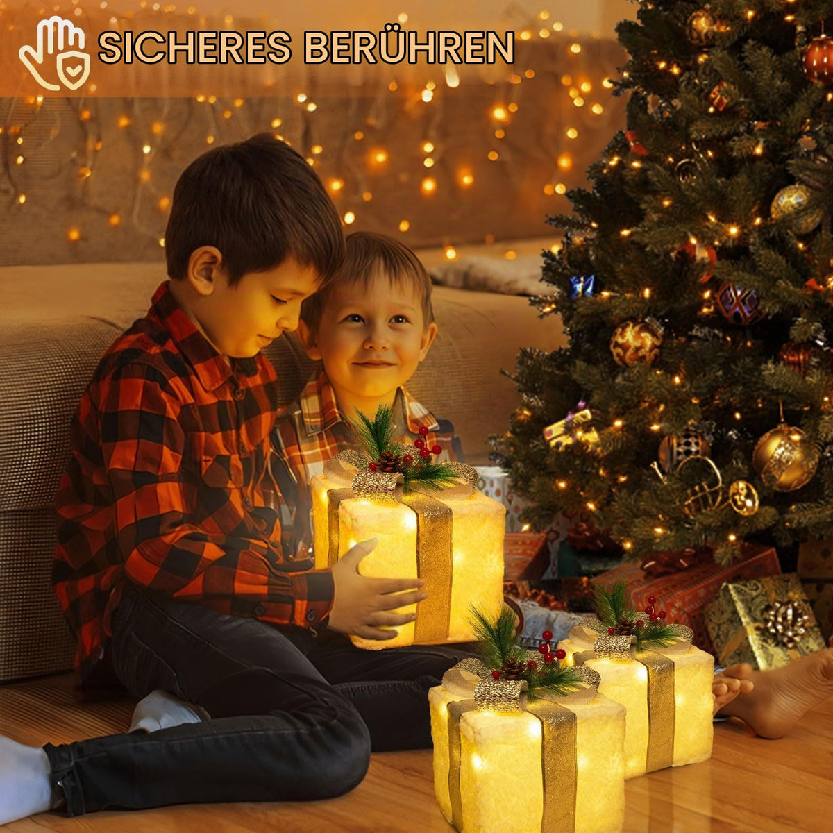 Quntis 3 Set LED Geschenkbox Weihnachtsdeko Innen Aussen 60 warmweiße LEDs