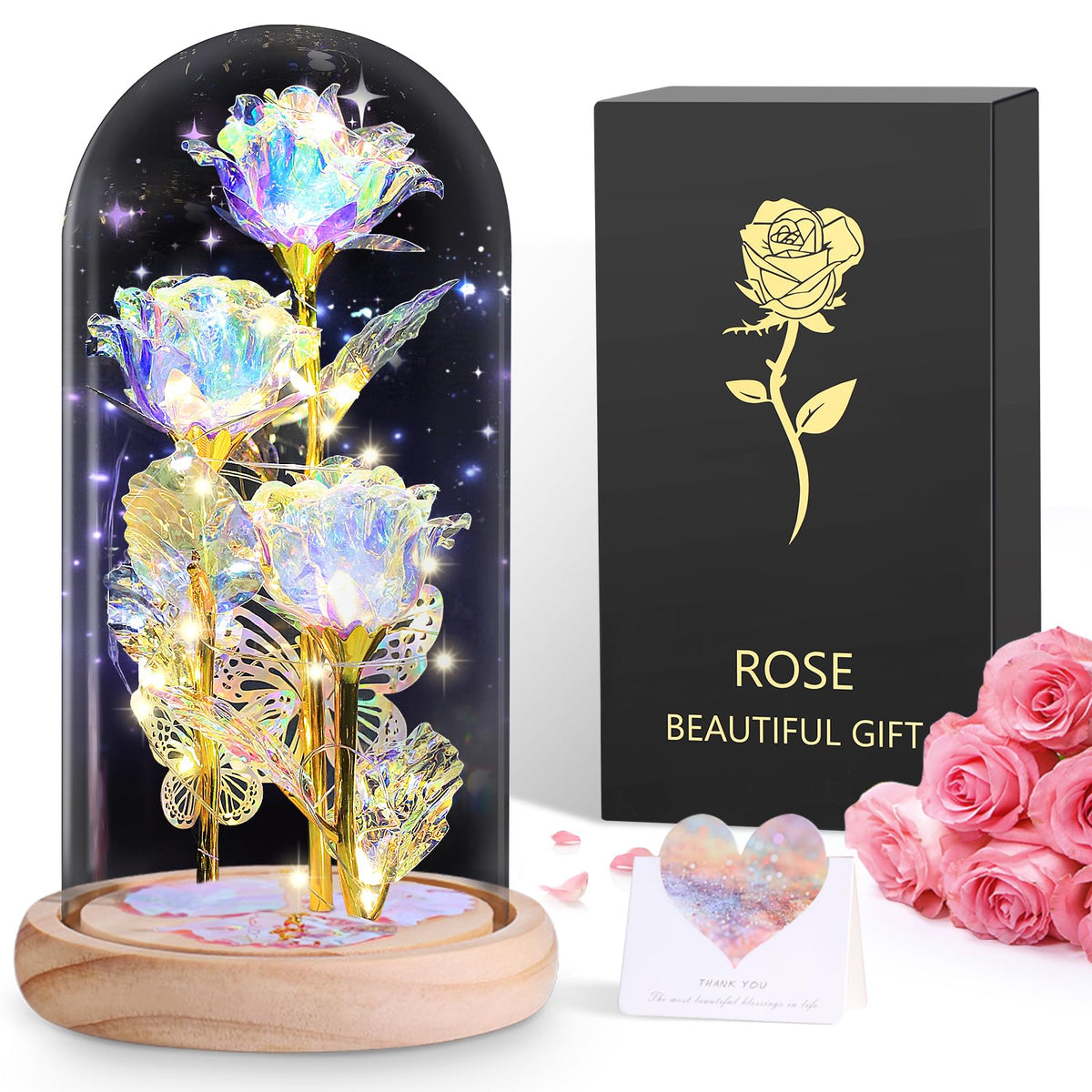 BOLEi Geschenke für Frauen,Ewige Rose im Glas mit LED(Klassisch Rot Rose)