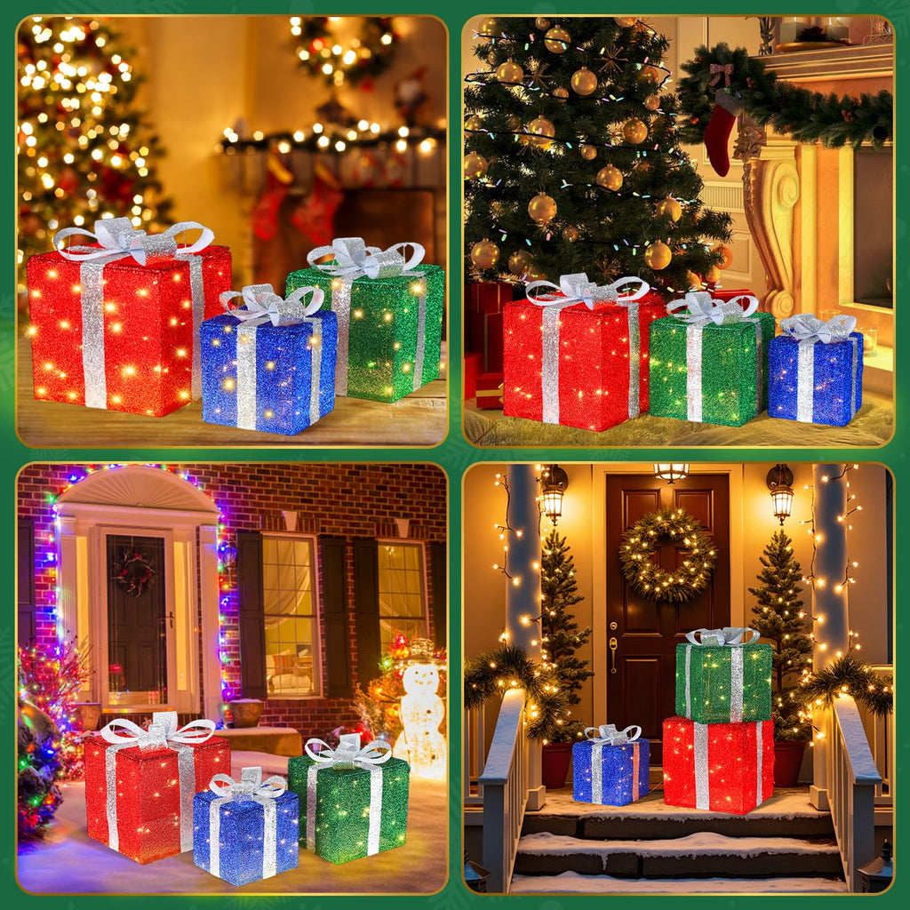 Quntis 3 Set LED Geschenkbox Weihnachtsdeko Innen Aussen 60 warmweiße LEDs