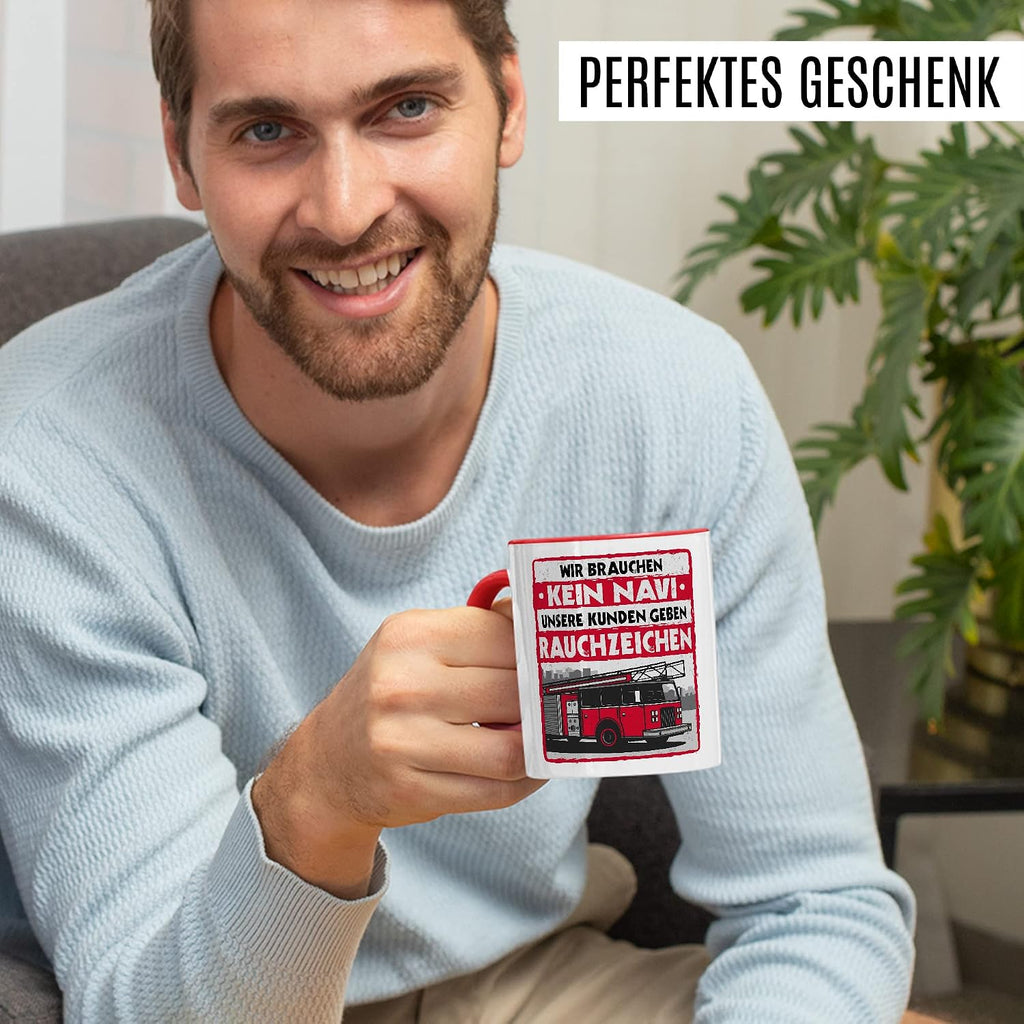Feuerwehr Tasse Rauchzeichen Geschenkidee Witz Kaffeetasse mit lustigen Spruch Geschenk für Feuerwehrmann Kaffeebecher Feuerwehrauto Becher (Weiß & Rot)