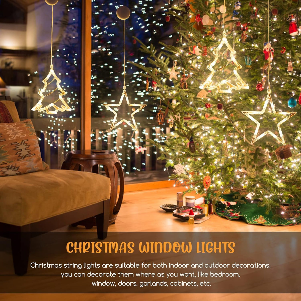 Jsdoin Stern Weihnachtsbaum Weihnachtsbeleuchtung, LED Weihnachtsdeko Fenster Lichter, Beleuchtet mit Batteriebetriebene, Timer, Lichterkette für Weihnachten Deko, Balkon (Stern und Weihnachtsbaum)