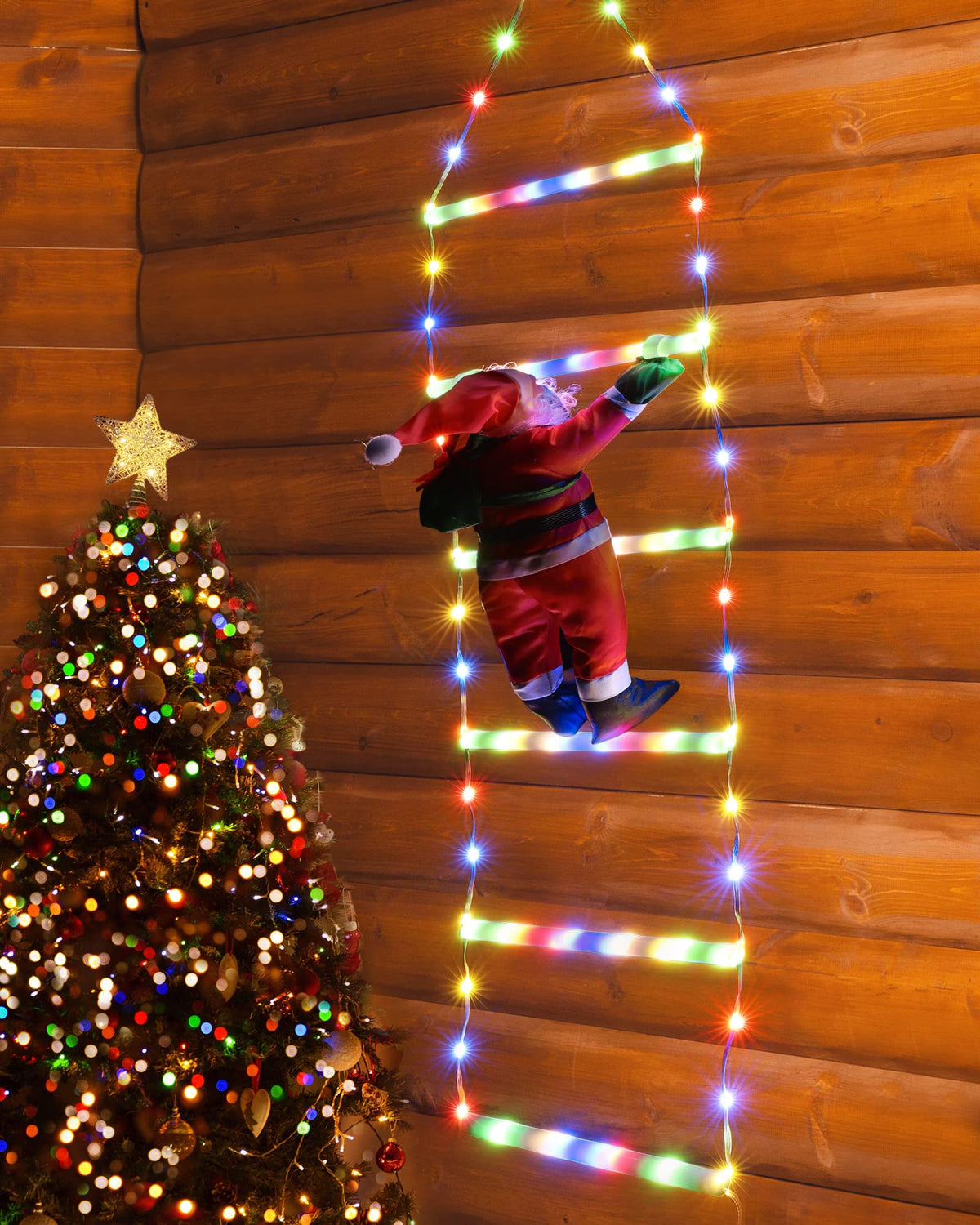 Geemoo Weihnachtsbeleuchtung Außen Batterie, 81cm Weihnachtsbaum Leiter Lichterkette mit Lametta Girlande, Timer, 8 Modi, Warmweiß Fensterlicht für Innen, Fenster, Party, Hochzeit, Tür, Weihnachtsdeko