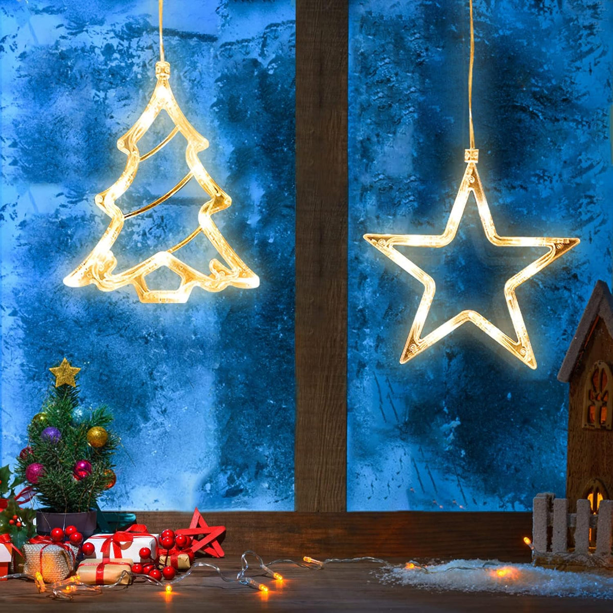 Jsdoin Stern Weihnachtsbaum Weihnachtsbeleuchtung, LED Weihnachtsdeko Fenster Lichter, Beleuchtet mit Batteriebetriebene, Timer, Lichterkette für Weihnachten Deko, Balkon (Stern und Weihnachtsbaum)