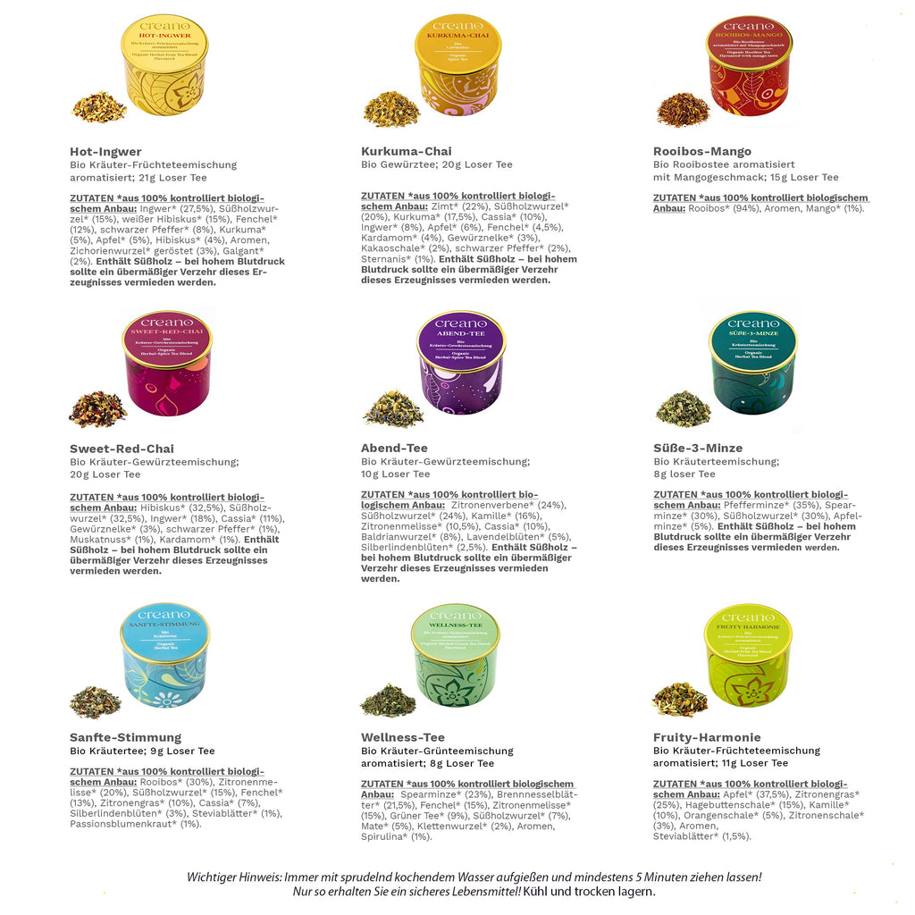 Creano Premium Bio Kräutertee Geschenkset „ORGANIC HERBAL TEA“ - 9 Pyramiden-Teebeutel in 9 unterschiedlichen Sorten - 22,5g - NEUHEIT 2024*