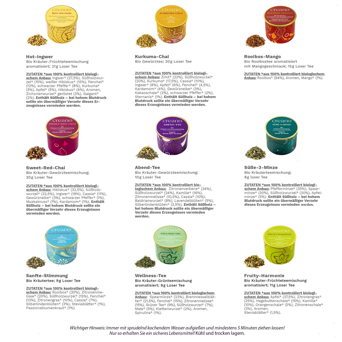 Creano Premium Bio Kräutertee Geschenkset „ORGANIC HERBAL TEA“ - 9 Pyramiden-Teebeutel in 9 unterschiedlichen Sorten - 22,5g - NEUHEIT 2024*