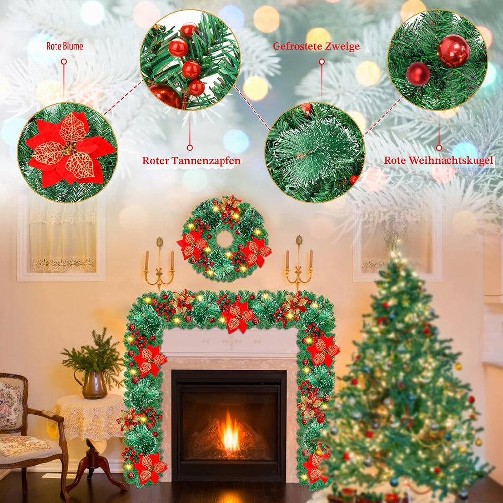 Weihnachtsgirlande mit Beleuchtung - Weihnachtsgirlande - 270cm Weihnachtsgirlande Weihnachtskranz Tannengirlande Weihnachtsdeko Beleuchtet Künstlich Weihnachten Dekoration