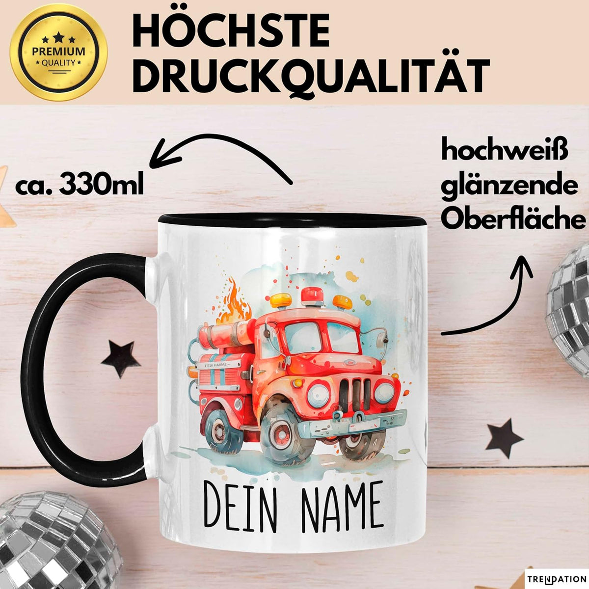 Feuerwehr Auto Tasse mit Namen – Personalisierte Tasse Geburtstag Geschenkidee süßes Feuerwehr Automotiv Namenstasse (Schwarz)