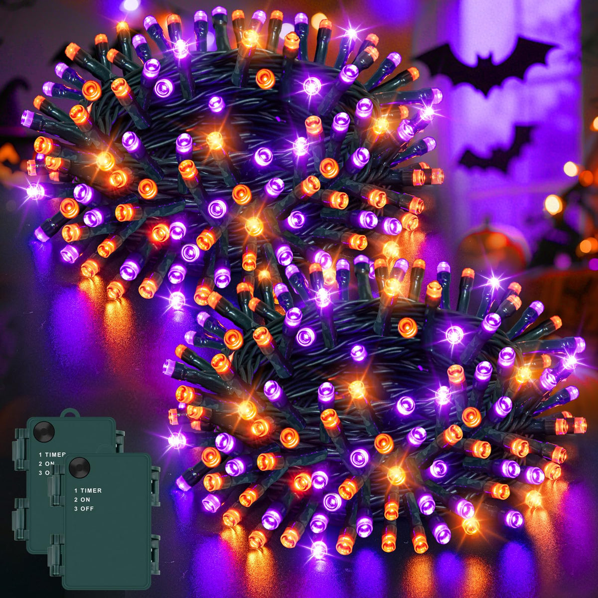 Dalugo 2 Stück Lichterkette Orange, 5M 50 LED Kabel grün mit 6h Timer, IP65 Wasserdicht Batterie für Innen außen dekorationen