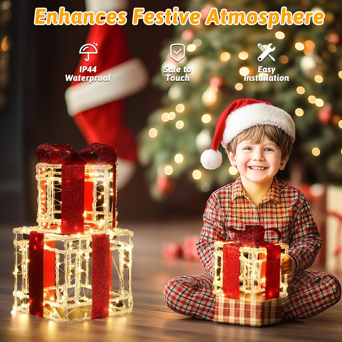 Quntis 3 Set LED Geschenkbox Weihnachtsdeko Innen Aussen 60 warmweiße LEDs