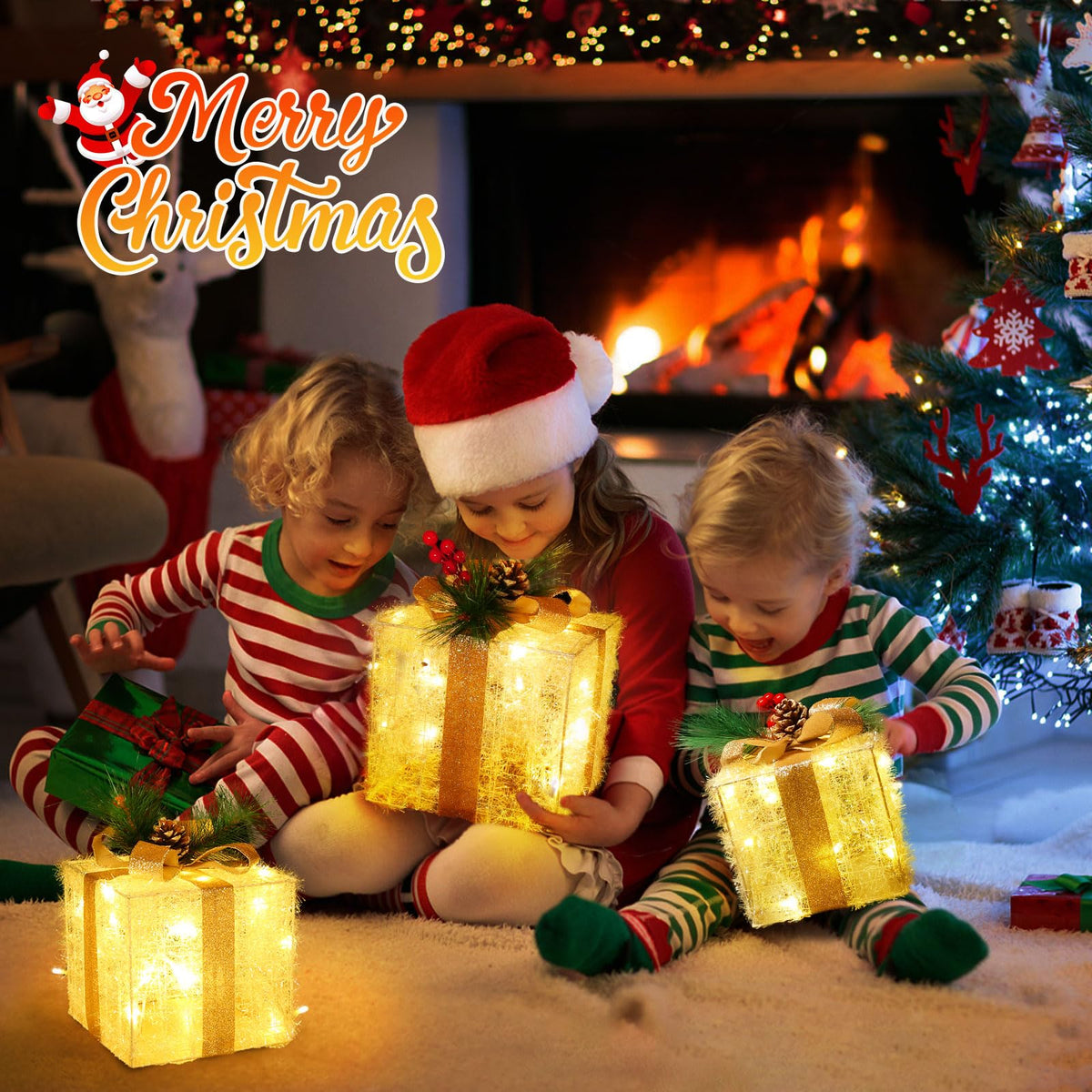 Quntis 3 Set LED Geschenkbox Weihnachtsdeko Innen Aussen 60 warmweiße LEDs