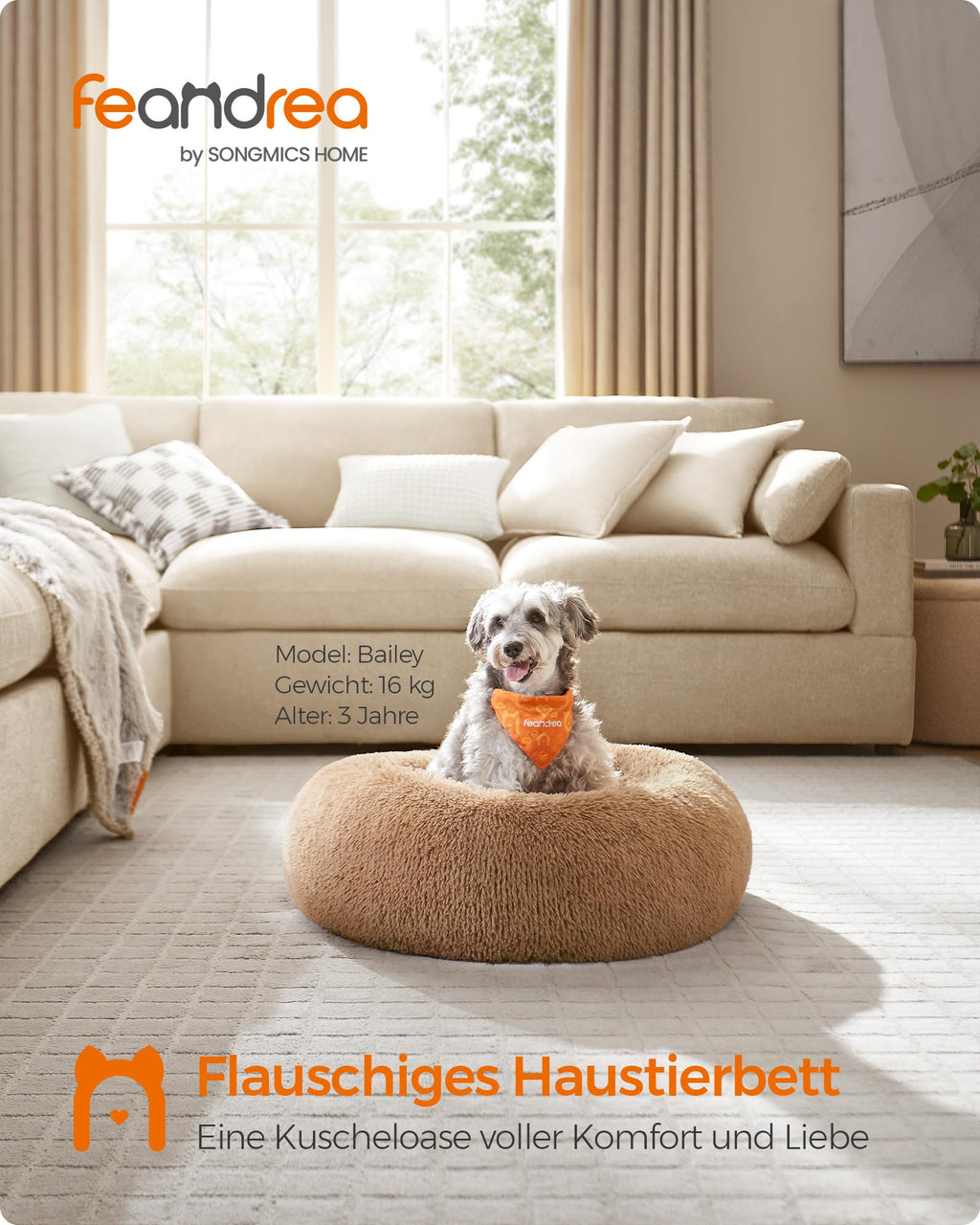 Feandrea Hundebett flauschig, waschbar, Langer Plüsch, 70 cm Durchmesser