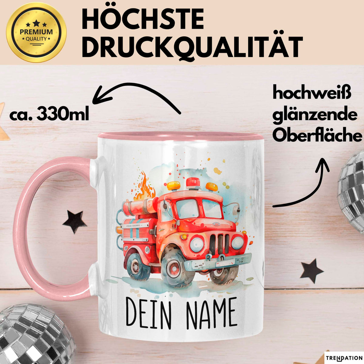 Feuerwehr Auto Tasse mit Namen – Personalisierte Tasse Geburtstag Geschenkidee süßes Feuerwehr Automotiv Namenstasse (Schwarz)