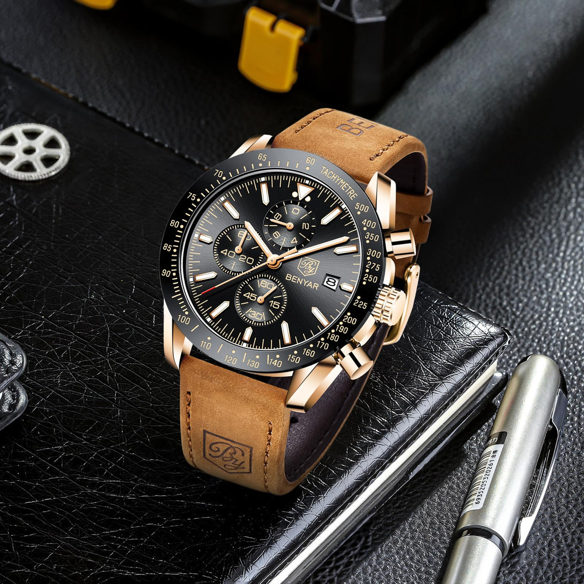 BENYAR Uhren Herren Analog Quarz Chronograph Herrenuhren Wasserdicht Datum Lederband Armbanduhr Lässig Business-Kleid fur Männer Klassische Elegantes Geschenk