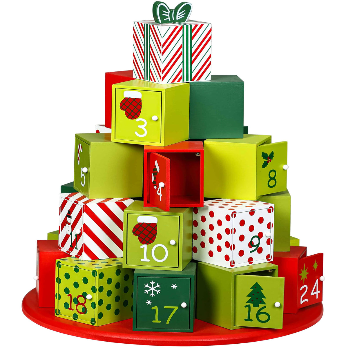 SPIELWERK® Adventskalender Winterlandschaft zum Befüllen wiederverwendbar 24 Türchen Bunt Bemalt Weihnachten Kinder DIY weihnachtliche Holz Dekoration