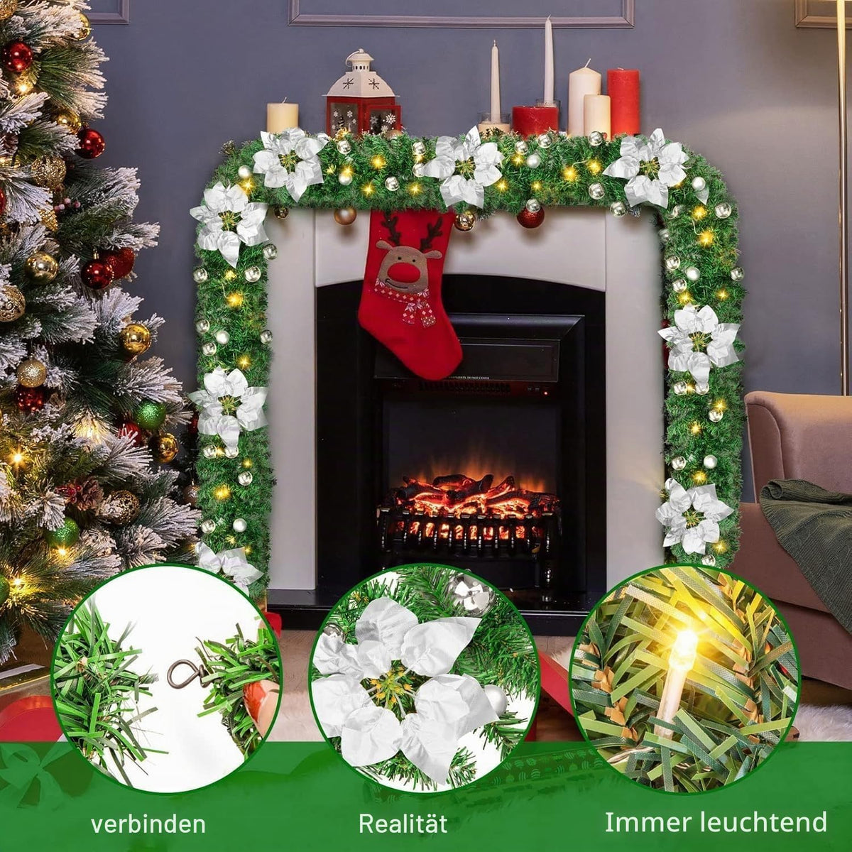 Weihnachtsgirlande mit Beleuchtung - Weihnachtsgirlande - 270cm Weihnachtsgirlande Weihnachtskranz Tannengirlande Weihnachtsdeko Beleuchtet Künstlich Weihnachten Dekoration